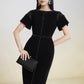 Black Midi Dress with Beaded Trim and Short Flutter Sleeves