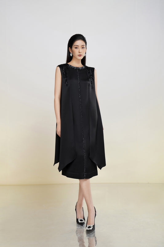 Black Sleeveless Embellished Cape Midi Dress with Beaded Details