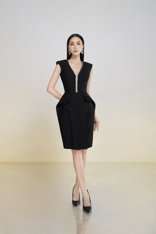 Black Sleeveless V-Neck Sheath Dress with Silver Accents