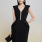 Black Sleeveless V-Neck Sheath Dress with Silver Accents