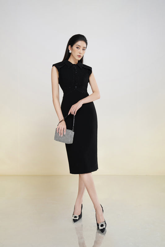 Black Midi Dress with Collar and Sleeveless Design