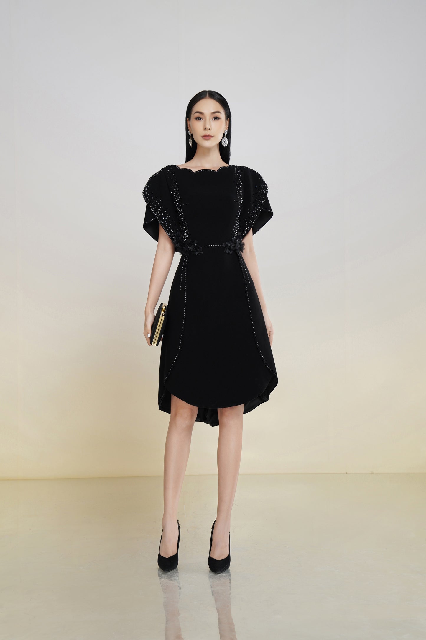 Black A-Line Dress with Scalloped Neckline and Embellished Sleeves