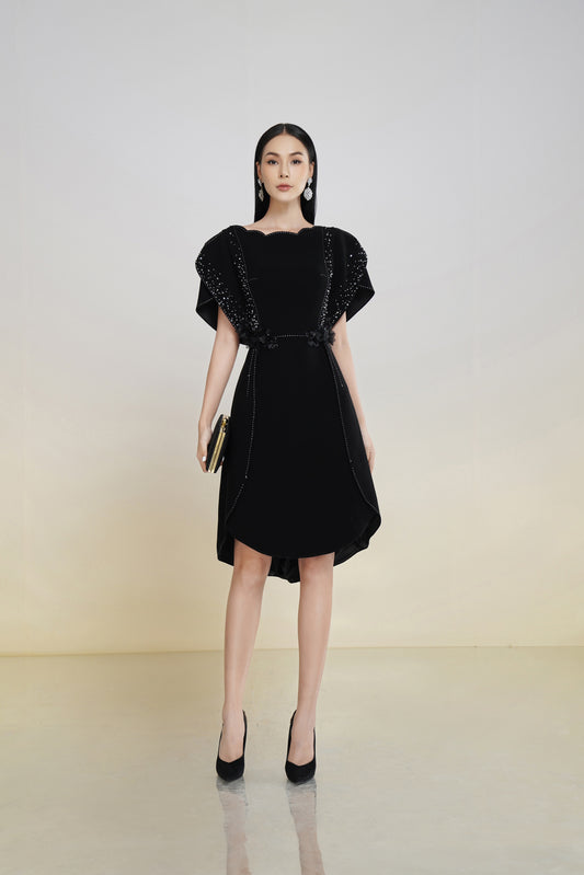 Black A-Line Dress with Scalloped Neckline and Embellished Sleeves
