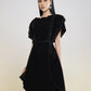 Black A-Line Dress with Scalloped Neckline and Embellished Sleeves