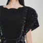 Black A-Line Dress with Scalloped Neckline and Embellished Sleeves