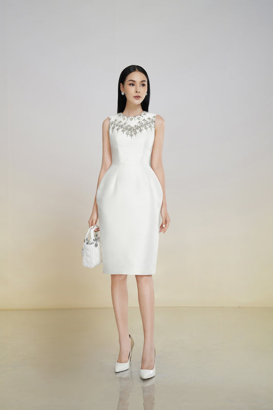 White Embellished Sleeveless Midi Dress with Floral Beaded Design