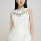 White Embellished Sleeveless Midi Dress with Floral Beaded Design