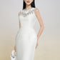 White Embellished Sleeveless Midi Dress with Floral Beaded Design
