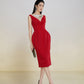 Red Sleeveless Midi Dress with Crystal-Embellished V-Neckline