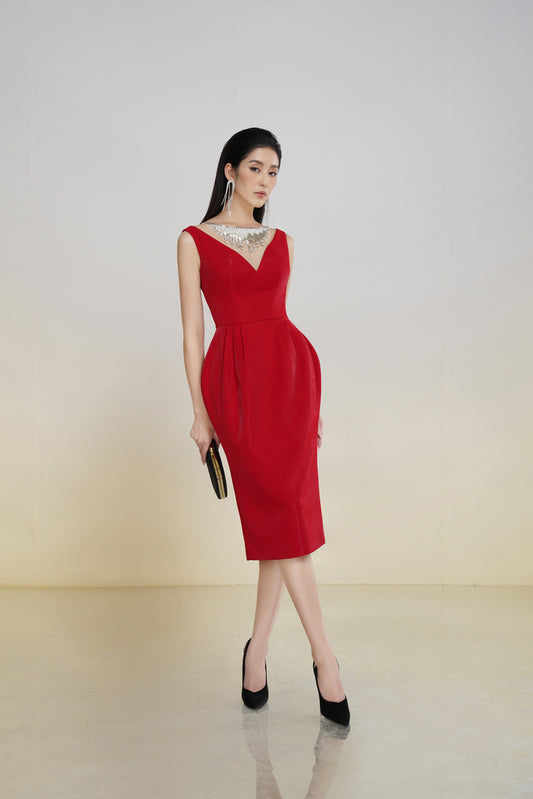 Red Sleeveless Midi Dress with Crystal-Embellished V-Neckline