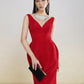 Red Sleeveless Midi Dress with Crystal-Embellished V-Neckline