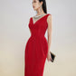 Red Sleeveless Midi Dress with Crystal-Embellished V-Neckline