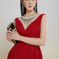 Red Sleeveless Midi Dress with Crystal-Embellished V-Neckline
