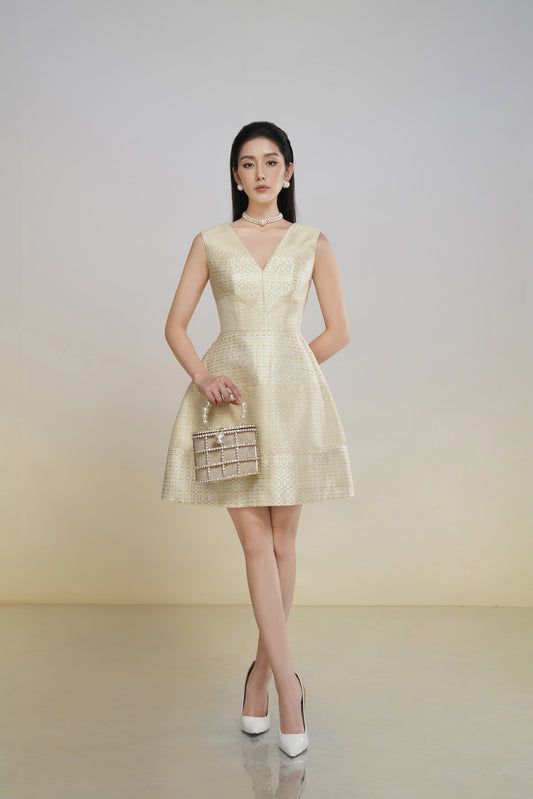 Gold Sleeveless A-Line Cocktail Dress with V-Neck