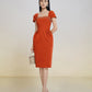 Rust Orange Midi Dress with Square Neckline and Cap Sleeves
