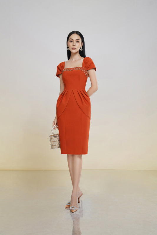 Rust Orange Midi Dress with Square Neckline and Cap Sleeves