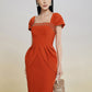 Rust Orange Midi Dress with Square Neckline and Cap Sleeves
