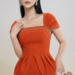 Rust Orange Midi Dress with Square Neckline and Cap Sleeves