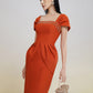 Rust Orange Midi Dress with Square Neckline and Cap Sleeves