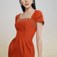 Rust Orange Midi Dress with Square Neckline and Cap Sleeves