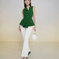 Sleeveless Peplum Blazer Top with Wide-Leg Pants in Emerald Green and White