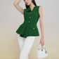 Sleeveless Peplum Blazer Top with Wide-Leg Pants in Emerald Green and White