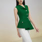 Sleeveless Peplum Blazer Top with Wide-Leg Pants in Emerald Green and White