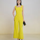 Yellow Square-Neck Wide-Leg Jumpsuit with Sleeveless Design