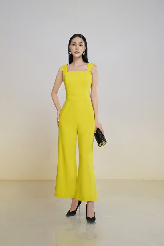 Yellow Square-Neck Wide-Leg Jumpsuit with Sleeveless Design