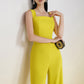 Yellow Square-Neck Wide-Leg Jumpsuit with Sleeveless Design
