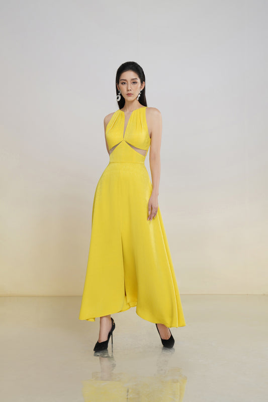Bright Yellow Cutout Halter Jumpsuit - Trendy Wide-Leg