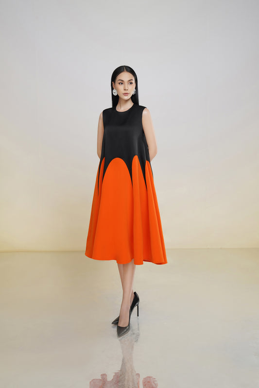 Sleeveless Black and Orange A-Line Midi Dress with Colorblock Design