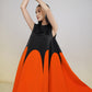 Sleeveless Black and Orange A-Line Midi Dress with Colorblock Design
