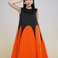 Sleeveless Black and Orange A-Line Midi Dress with Colorblock Design