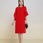 Chic Red Shift Dress with Ruffled Sleeves and Rhinestone Accents