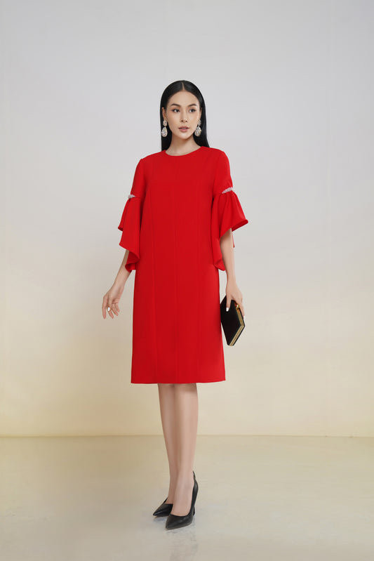 Chic Red Shift Dress with Ruffled Sleeves and Rhinestone Accents