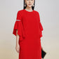 Chic Red Shift Dress with Ruffled Sleeves and Rhinestone Accents