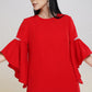 Chic Red Shift Dress with Ruffled Sleeves and Rhinestone Accents