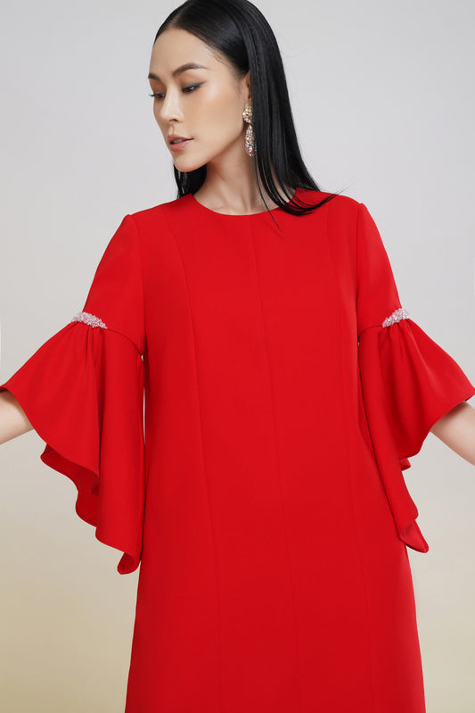 Chic Red Shift Dress with Ruffled Sleeves and Rhinestone Accents