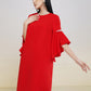 Chic Red Shift Dress with Ruffled Sleeves and Rhinestone Accents
