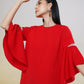 Chic Red Shift Dress with Ruffled Sleeves and Rhinestone Accents