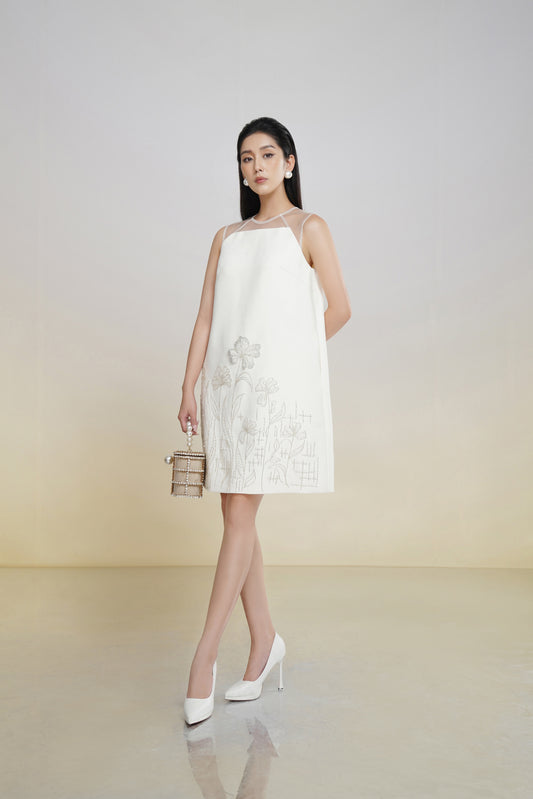 White Floral Embroidered A-Line Mini Dress