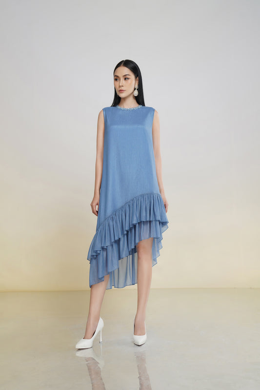 Asymmetrical Ruffle Hem Sleeveless Blue Midi Dress
