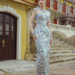 Embroidered Blue & Silver Evening Gown with Sheer Sleeves