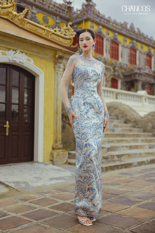Embroidered Blue & Silver Evening Gown with Sheer Sleeves