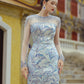 Embroidered Blue & Silver Evening Gown with Sheer Sleeves
