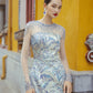 Embroidered Blue & Silver Evening Gown with Sheer Sleeves