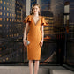 Orange V-Neck Pencil Dress with Flutter Sleeves and Embellished Neckline