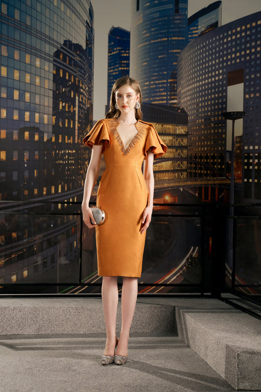 Orange V-Neck Pencil Dress with Flutter Sleeves and Embellished Neckline