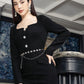 Long-Sleeve Midi Dress with Crystal Button Details